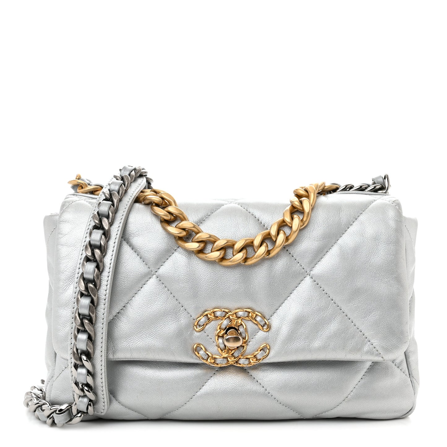 Metallic Goatskin Quilted Medium Chanel 19 Flap Silver