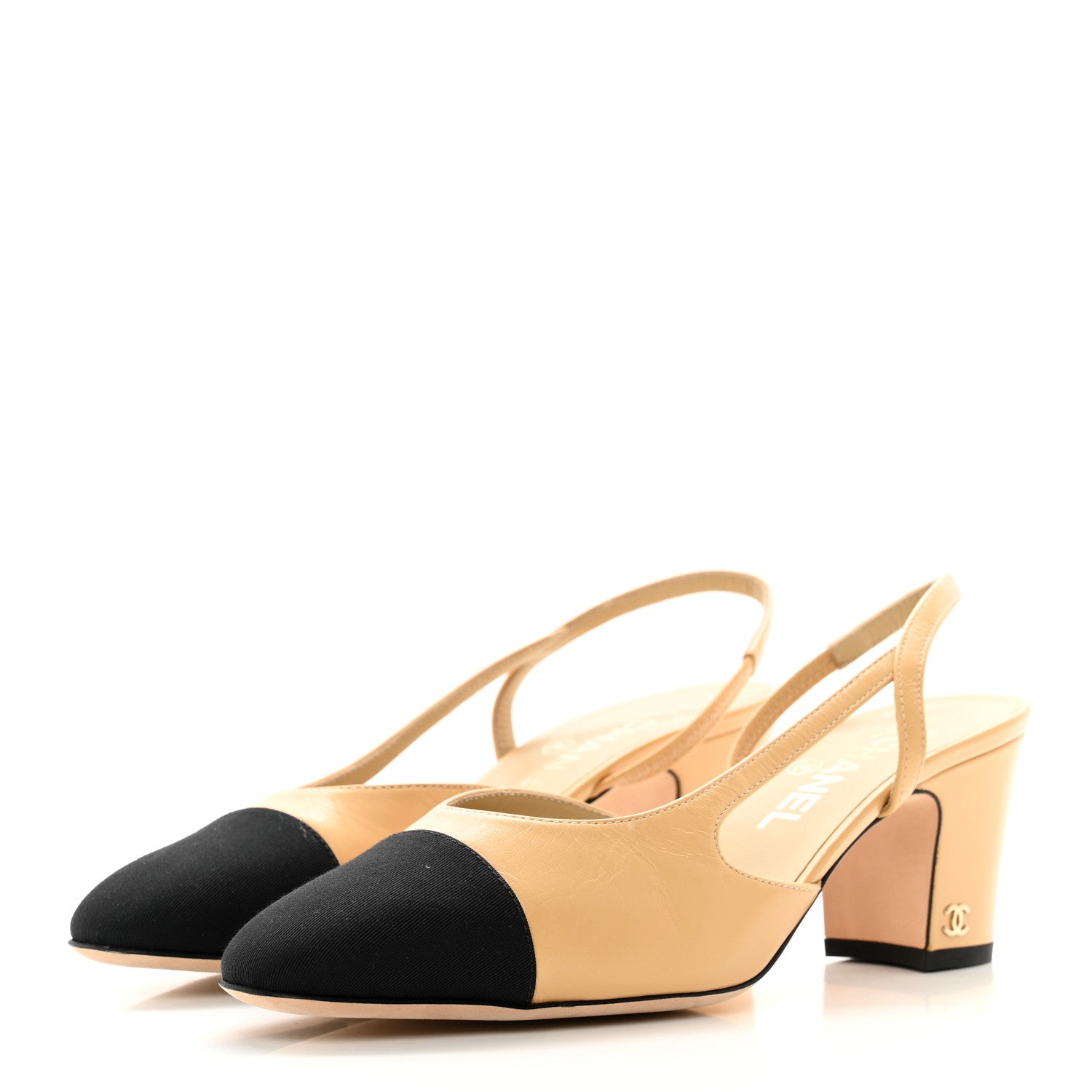 Chanel Goatskin Grosgrain Cap Toe CC Slingback Pumps 38 Beige Black 3 of 8