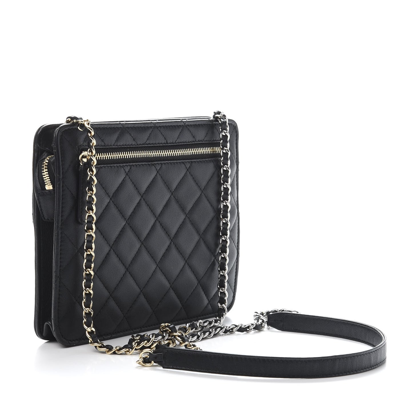 Lambskin Quilted Square Front Pocket Clutch With Chain Black
