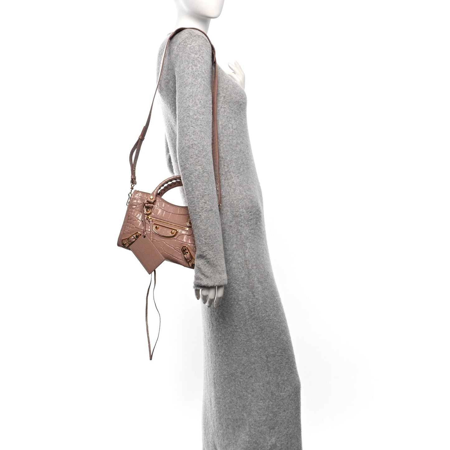 Shiny Supple Calfskin Crocodile Embossed Gold Metallic Edge Hardware Mini City Nude Beige