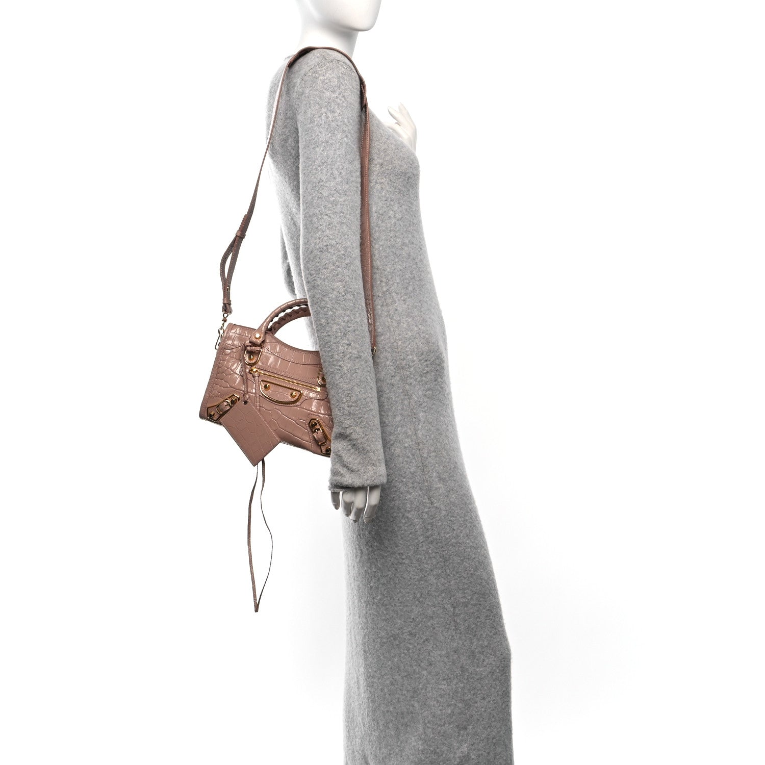 Balenciaga Shiny Supple Calfskin Crocodile Embossed Gold Metallic Edge Hardware Mini City Nude Beige 2 of 15