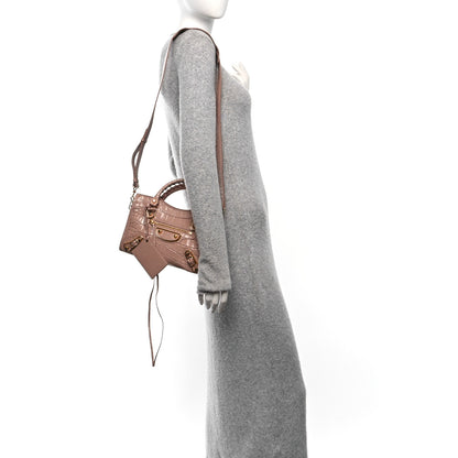 Balenciaga Shiny Supple Calfskin Crocodile Embossed Gold Metallic Edge Hardware Mini City Nude Beige 2 of 15