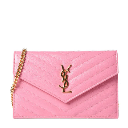 Saint Laurent Grain De Poudre Matelasse Chevron Monogram Envelope Chain Wallet Indian Pink 1 of 10