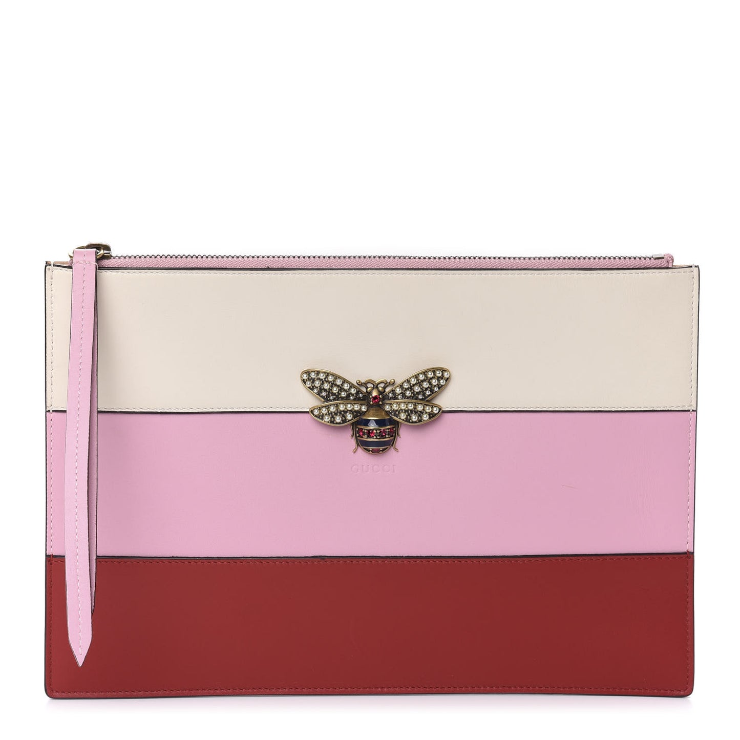 Calfskin Striped Oversized Bee Zip Pouch White Pink Red