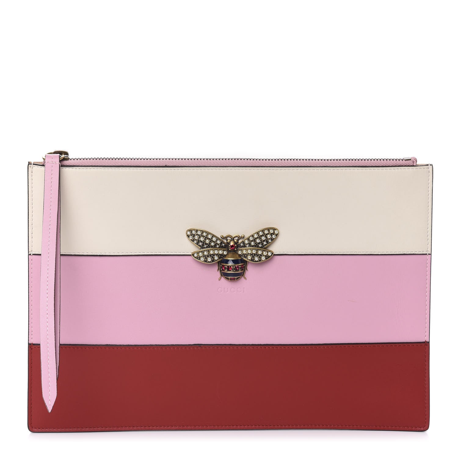 Gucci Calfskin Striped Oversized Bee Zip Pouch White Pink Red 1 of 9