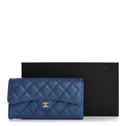 Chanel Iridescent Caviar Quilted Large Gusset Flap Wallet Dark Blue 10 of 10