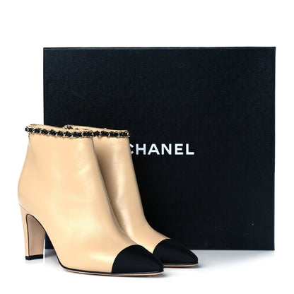 Chanel Lambskin Grosgrain CC Chain Cap Toe Short Boots 36 Beige Black 12 of 12