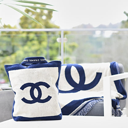 Chanel Terry Cotton CC Beach Tote Towel Set Navy Blue Beige 3 of 12