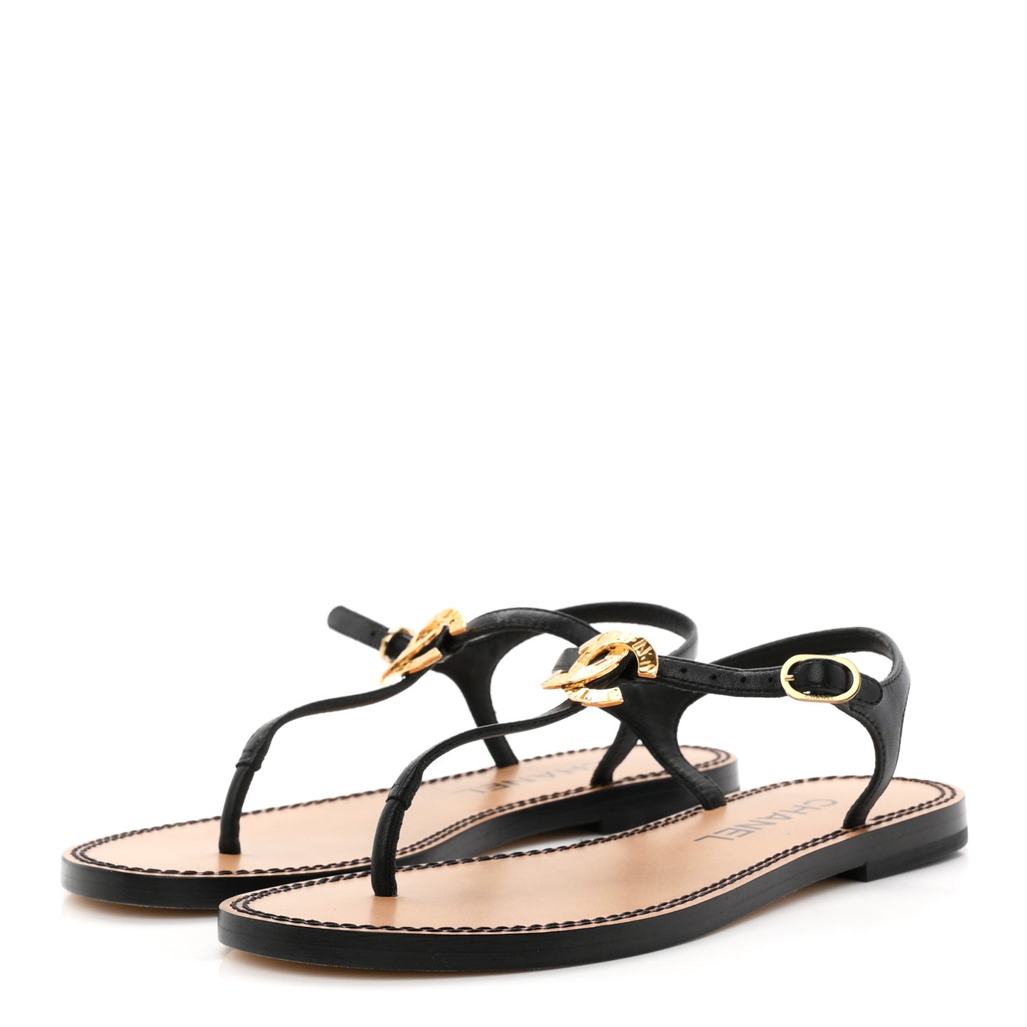 CHANEL Lambskin CC Thong Sandals 35 38 Black Gold