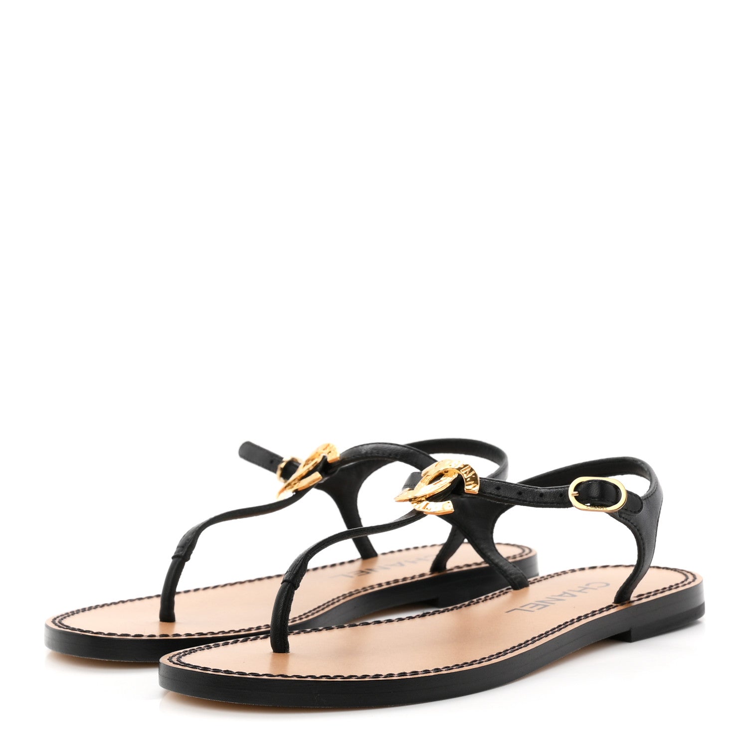 Gucci CHANEL Lambskin CC Thong Sandals 35 38 Black Gold 4 of 9
