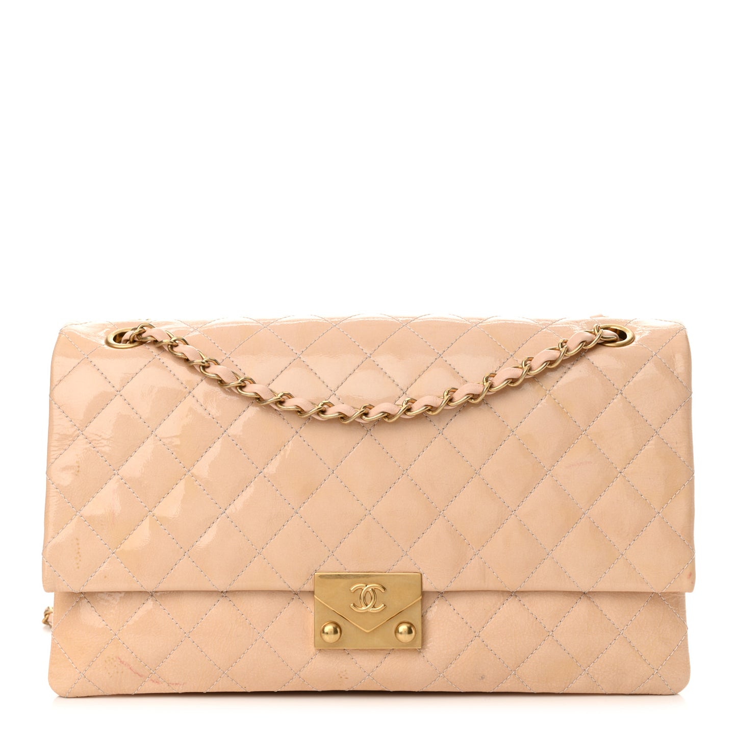 Patent Goatskin Quilted 3 Pocket Accordion Flap Light Beige