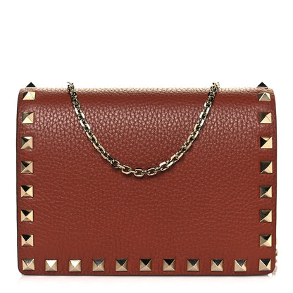 Valentino Garavani Pebbled Calfskin Rockstud Wallet on Chain Saddle Brown 1 of 13