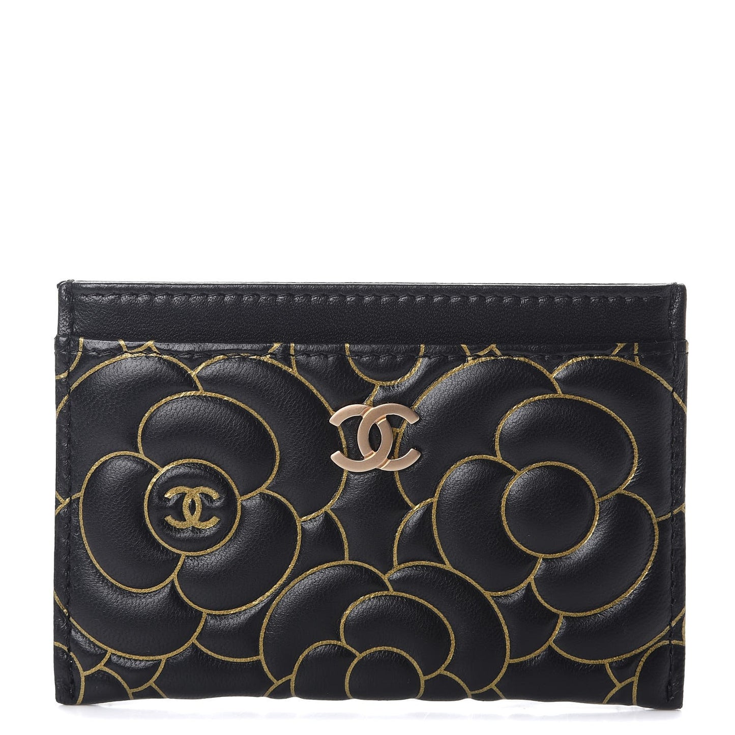 Lambskin Camellia Embossed Card Holder Black Gold
