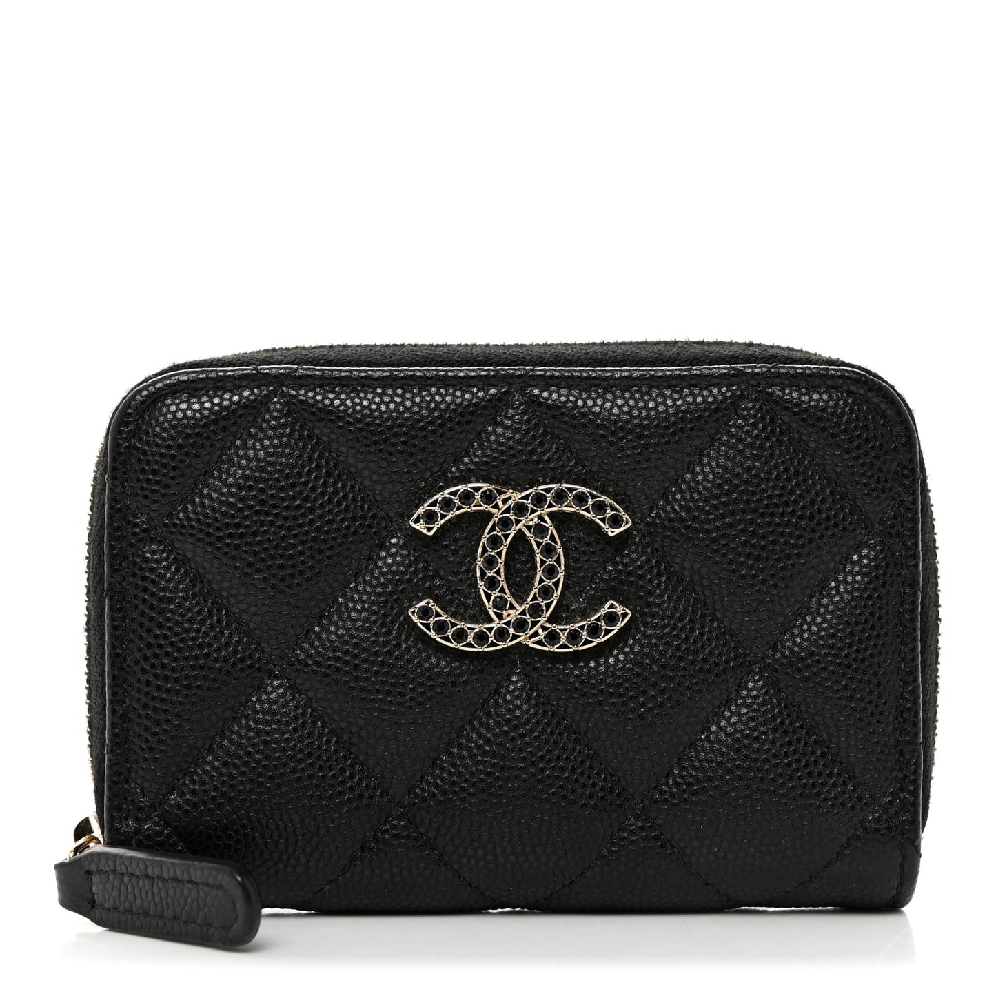 Shiny Caviar Quilted Strass CC Zip Coin Purse Black