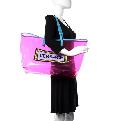 Versace Vinyl Calfskin 90s Logo Tote Pink Blue 2 of 10