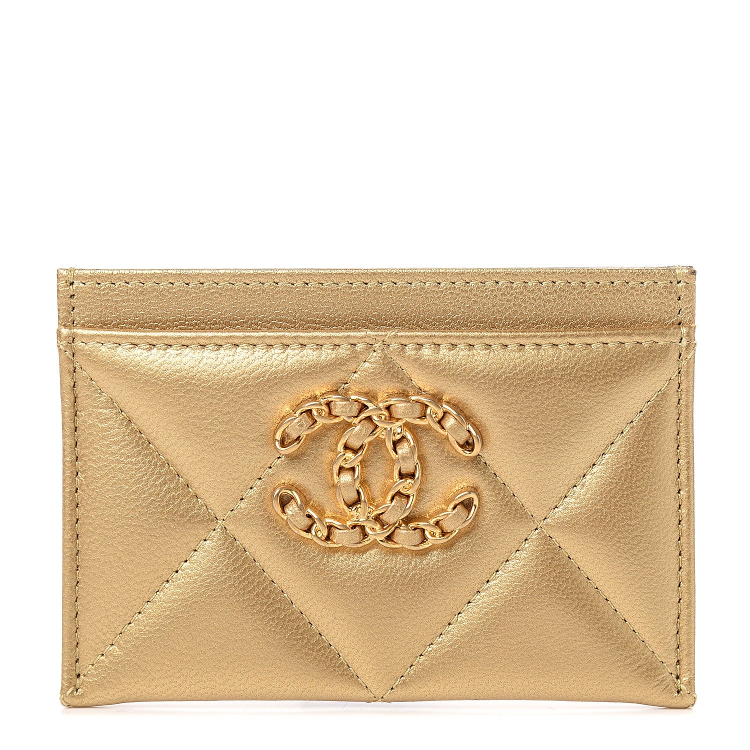Chanel Metallic Goatskin Quilted Chanel 19 Card Holder Gold 1 of 7