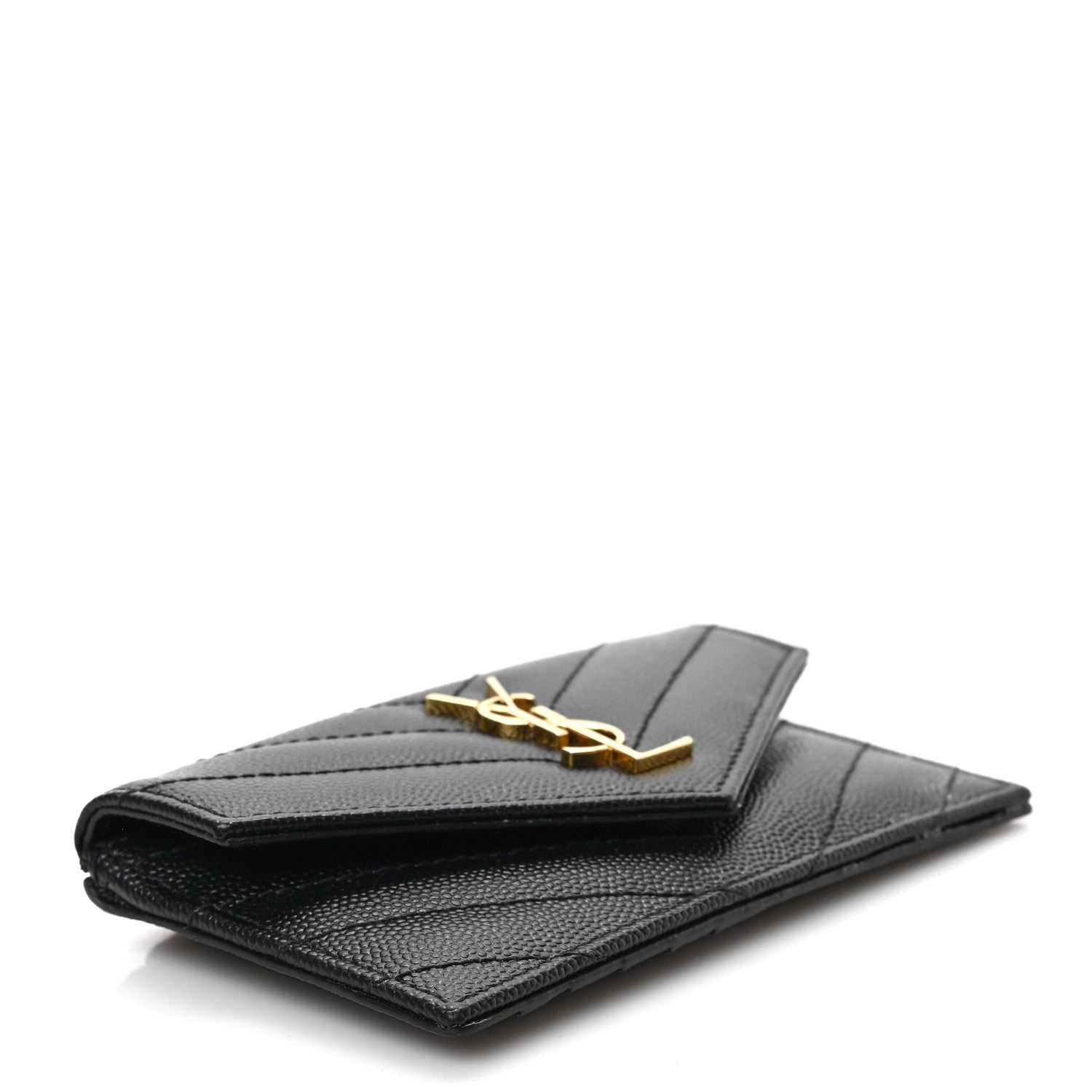 Saint Laurent Grain De Poudre Matelasse Chevron Monogram Compact Wallet Black 4 of 6