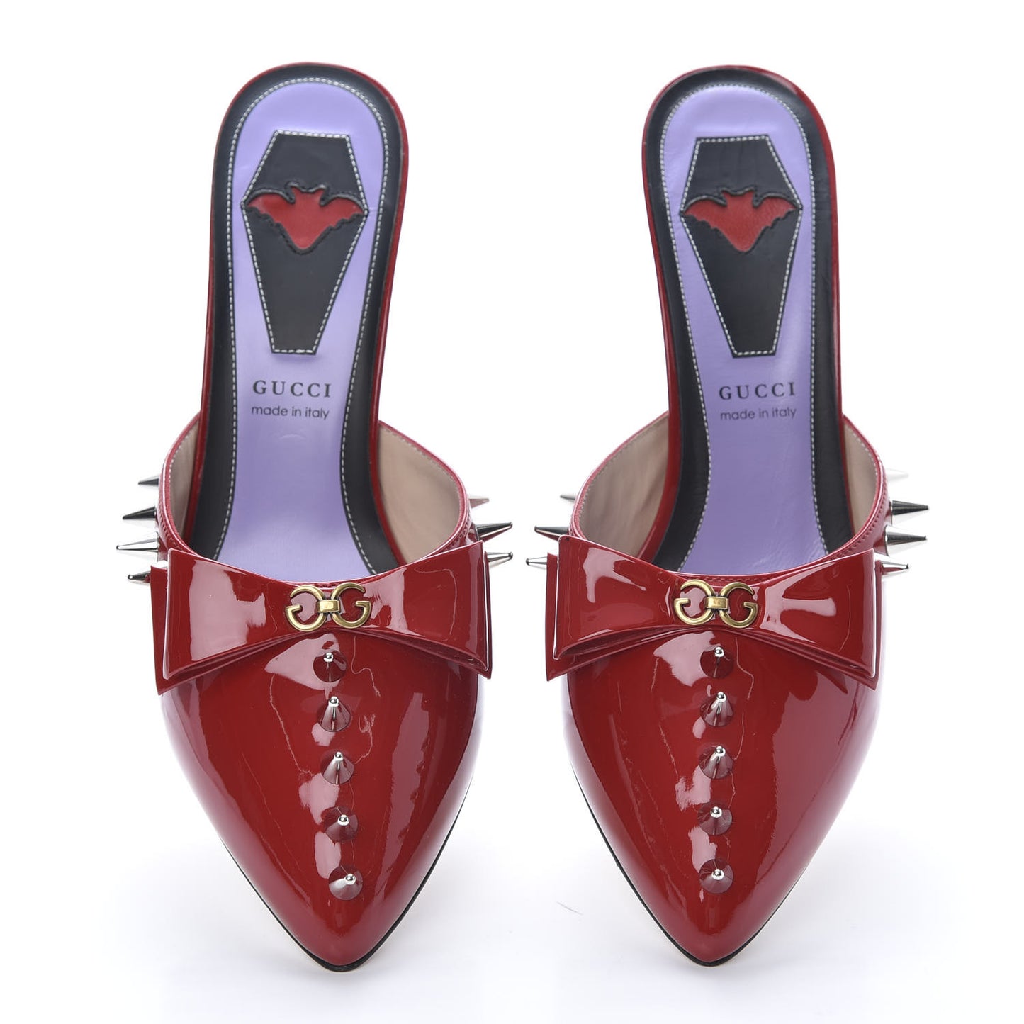 Patent GG Bow Sadie Spike Mid Heel Mules 38 Hibiscus Red