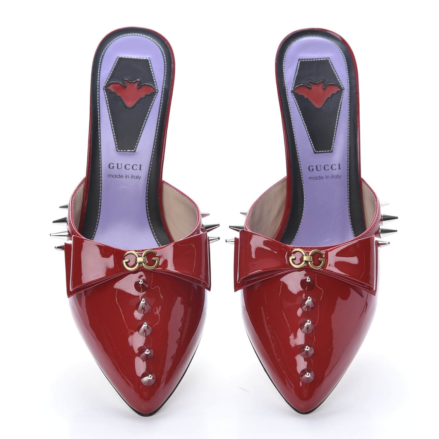 Gucci Patent GG Bow Sadie Spike Mid Heel Mules 38 Hibiscus Red 5 of 12