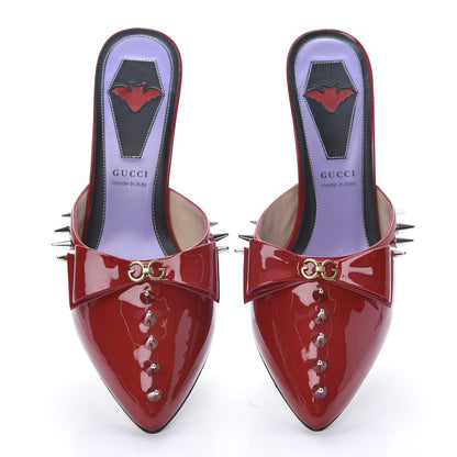 Gucci Patent GG Bow Sadie Spike Mid Heel Mules 38 Hibiscus Red 5 of 12