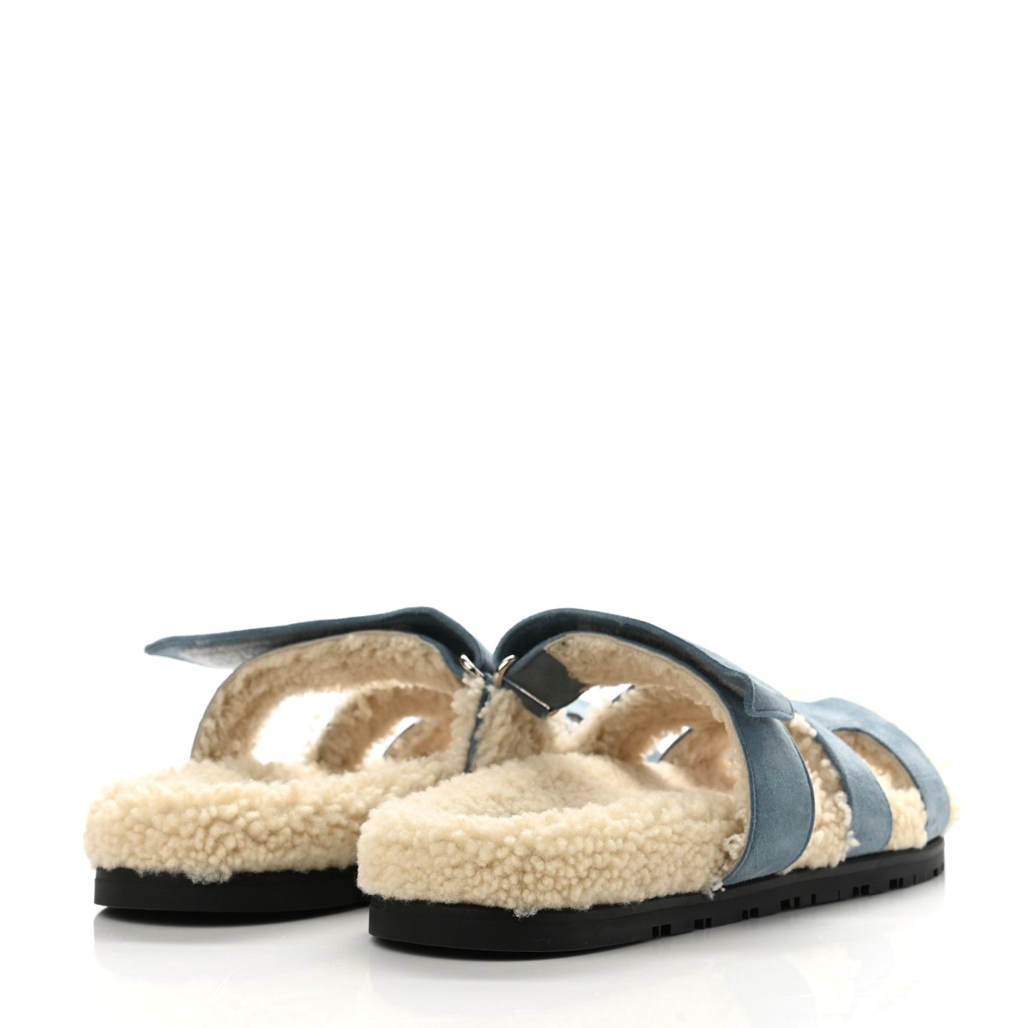 Suede Goatskin Woolskin Womens Chypre Sandals 38.5 Bleu Pinede Ecru