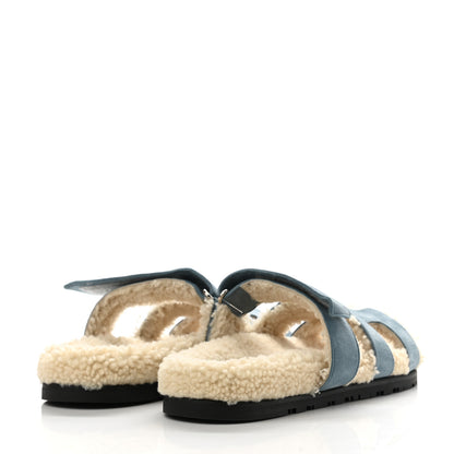 Hermes Suede Goatskin Woolskin Womens Chypre Sandals 38.5 Bleu Pinede Ecru 4 of 8