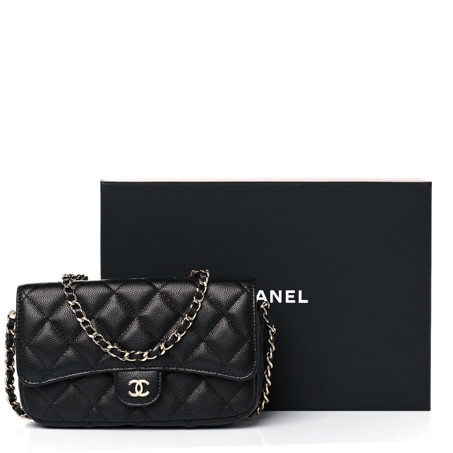 Caviar Quilted Flap Phone Holder With Chain Black