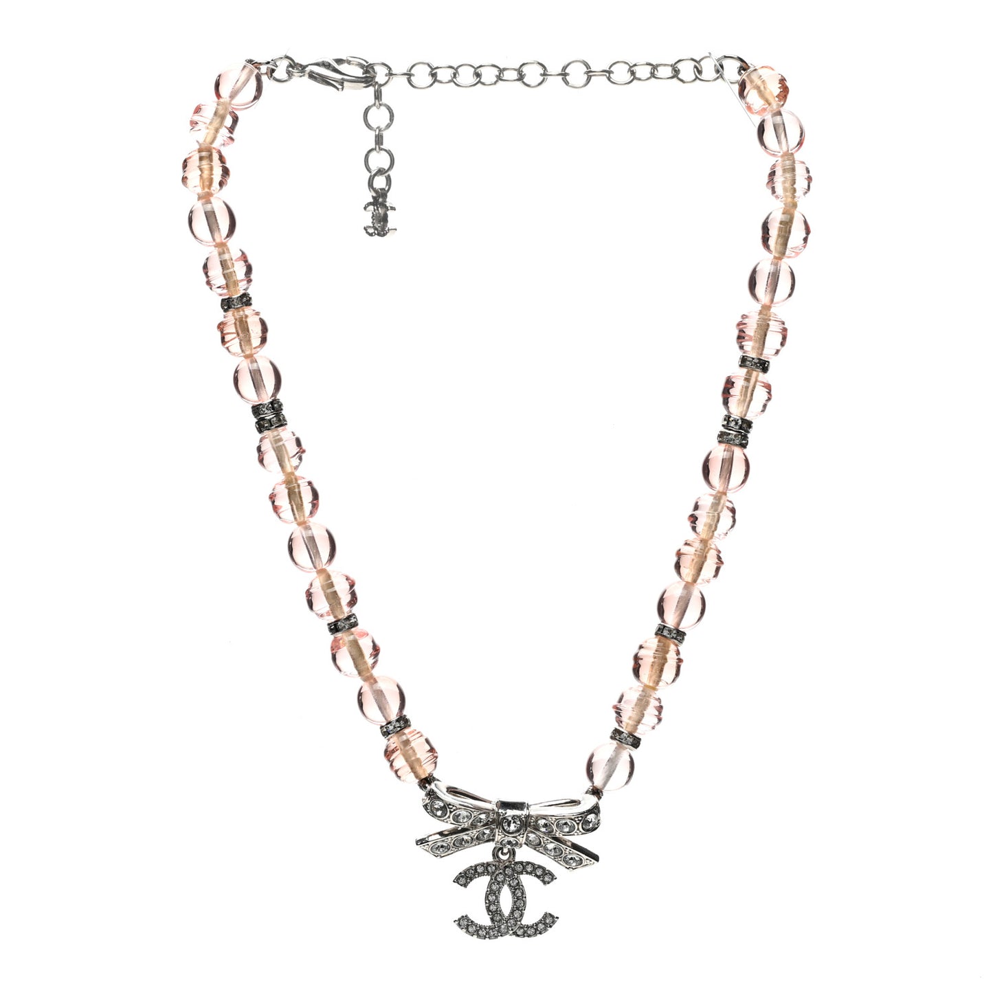 Resin Bead Crystal CC Bow Drop Choker Necklace Pink Silver