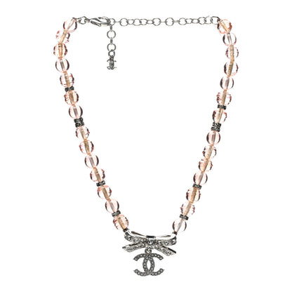 Chanel Resin Bead Crystal CC Bow Drop Choker Necklace Pink Silver 3 of 7