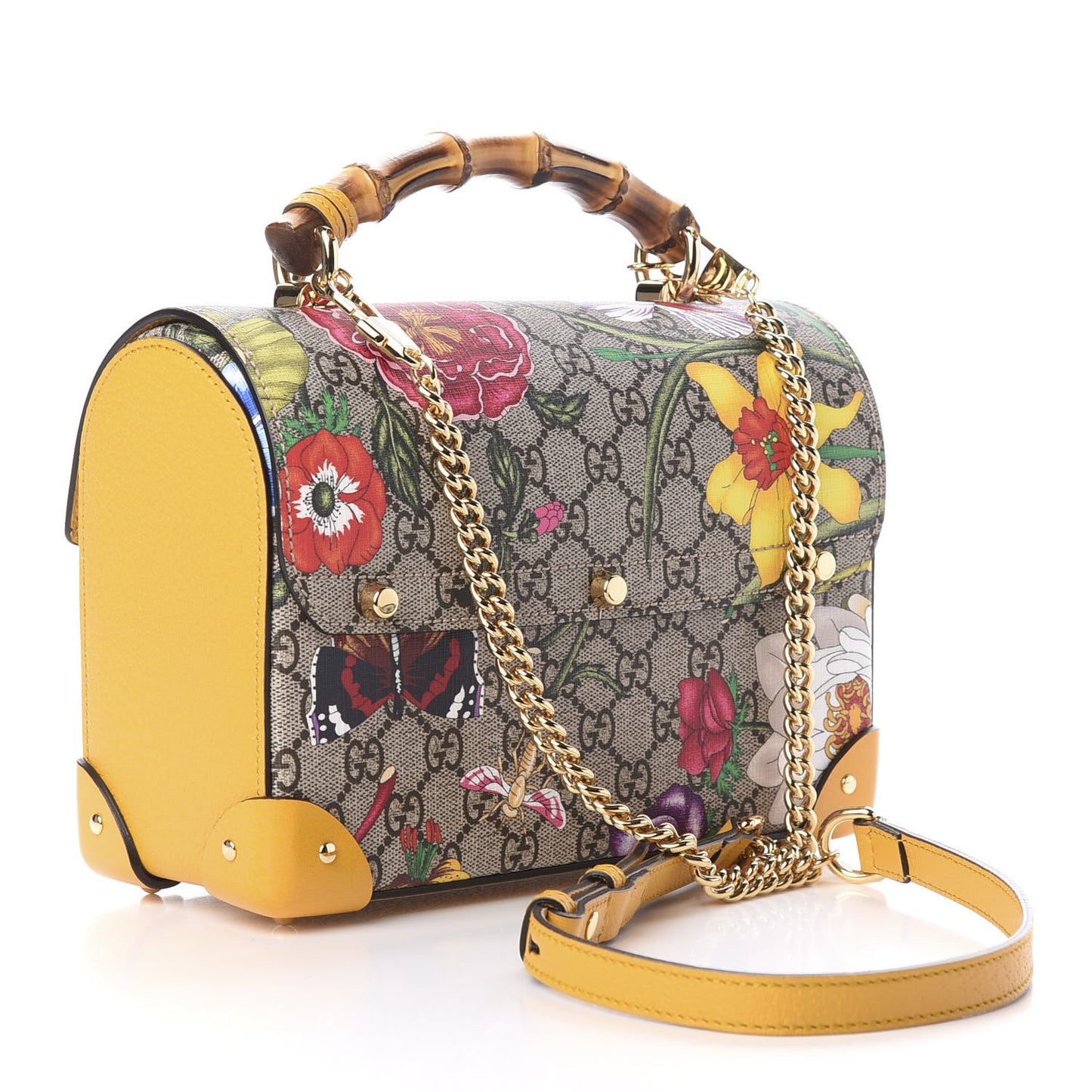 GG Supreme Monogram Flora Small Padlock Bamboo Shoulder Bag Beige Multicolor Crop