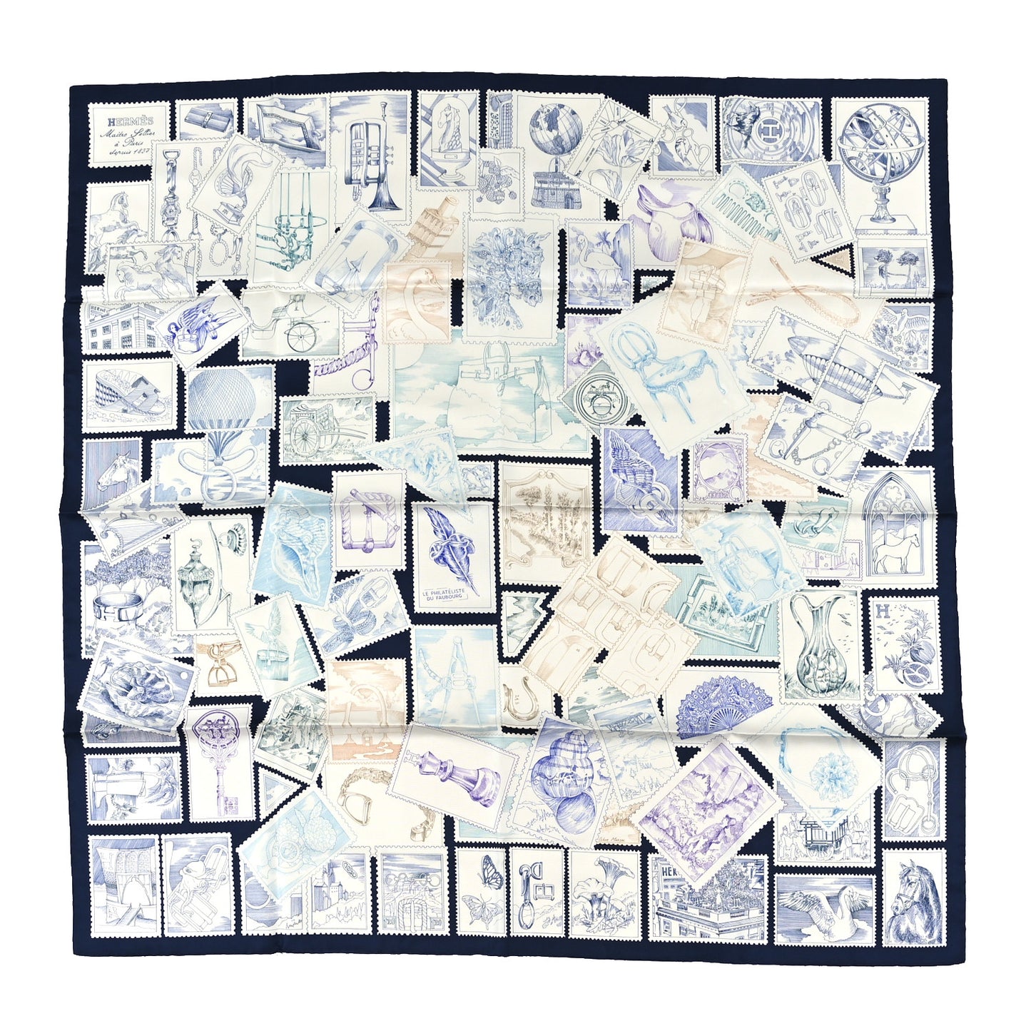 Silk Le Philateliste Du Faubourg Scarf 90 Marine White Indigo