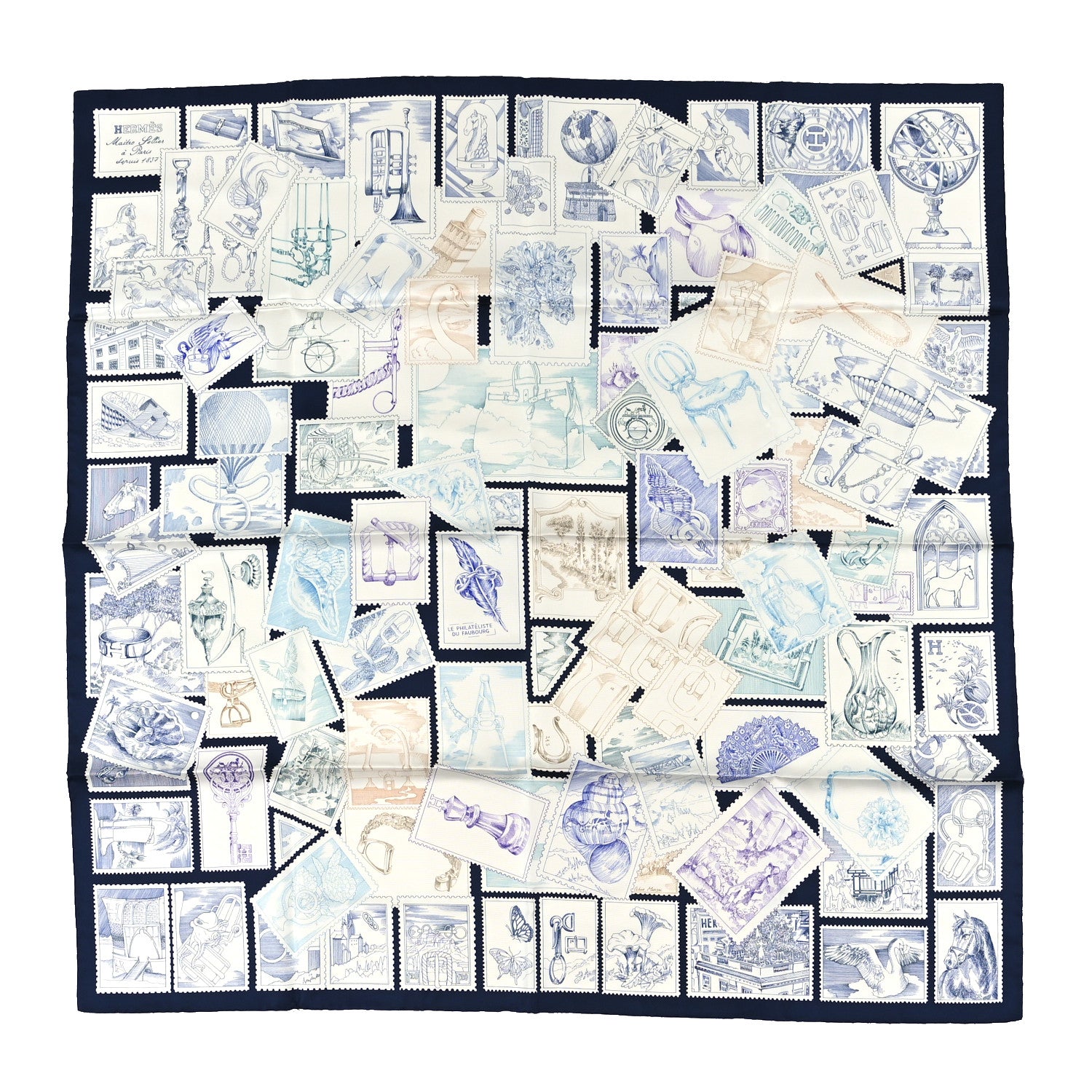 Hermes Silk Le Philateliste Du Faubourg Scarf 90 Marine White Indigo 1 of 5