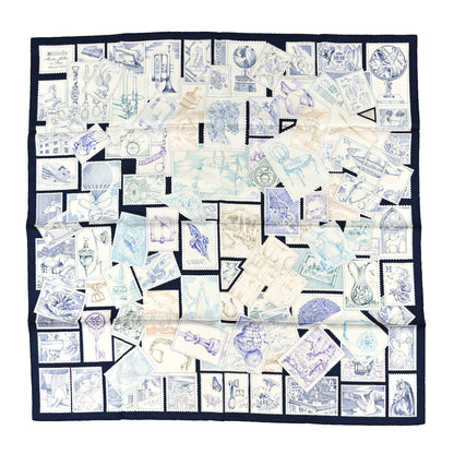 Hermes Silk Le Philateliste Du Faubourg Scarf 90 Marine White Indigo 1 of 5