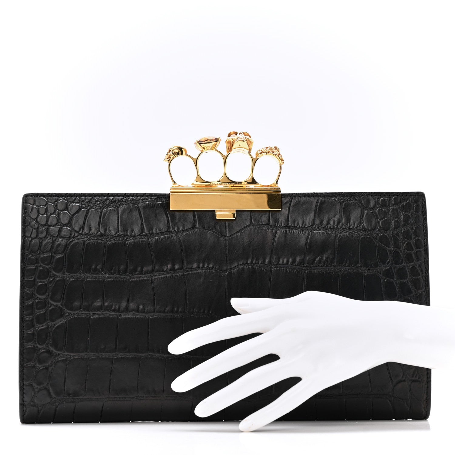 Alexander McQueen Calfskin Crocodile Embossed Knuckle Flat Clutch Black Gold 2 of 10