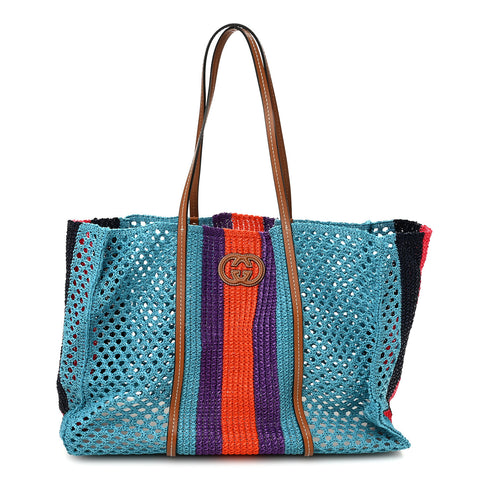 Raffia Web Woven Interlocking G Tote Blue Multicolor