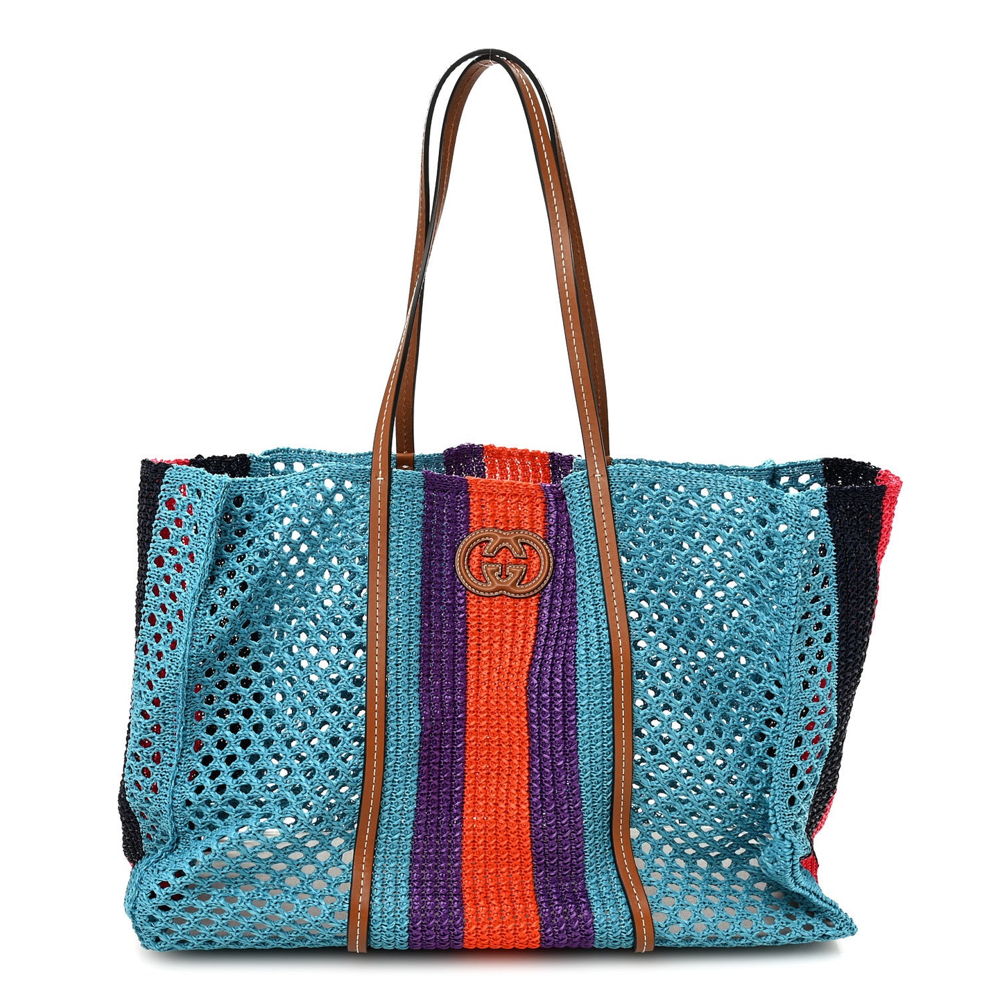 Raffia Web Woven Interlocking G Tote Blue Multicolor