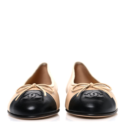 Chanel Lambskin Cap Toe CC Ballerina Flats 38 Beige Black 3 of 11