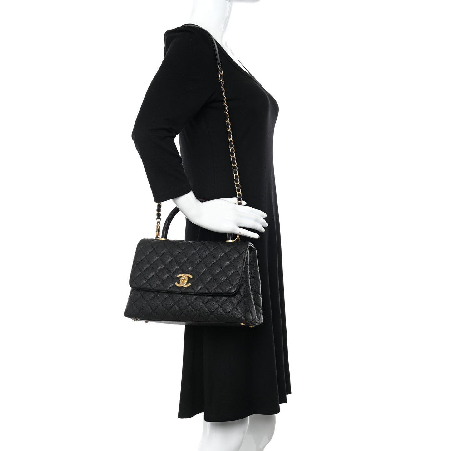 Caviar Lizard Embossed Quilted Small Coco Handle Flap Black