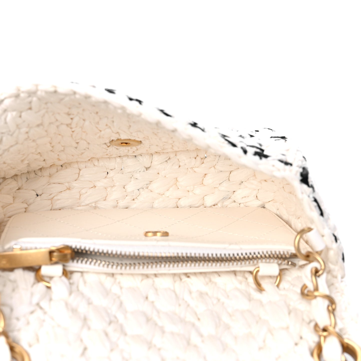 Raffia Effect Tweedy Mini Flap Bag White Black
