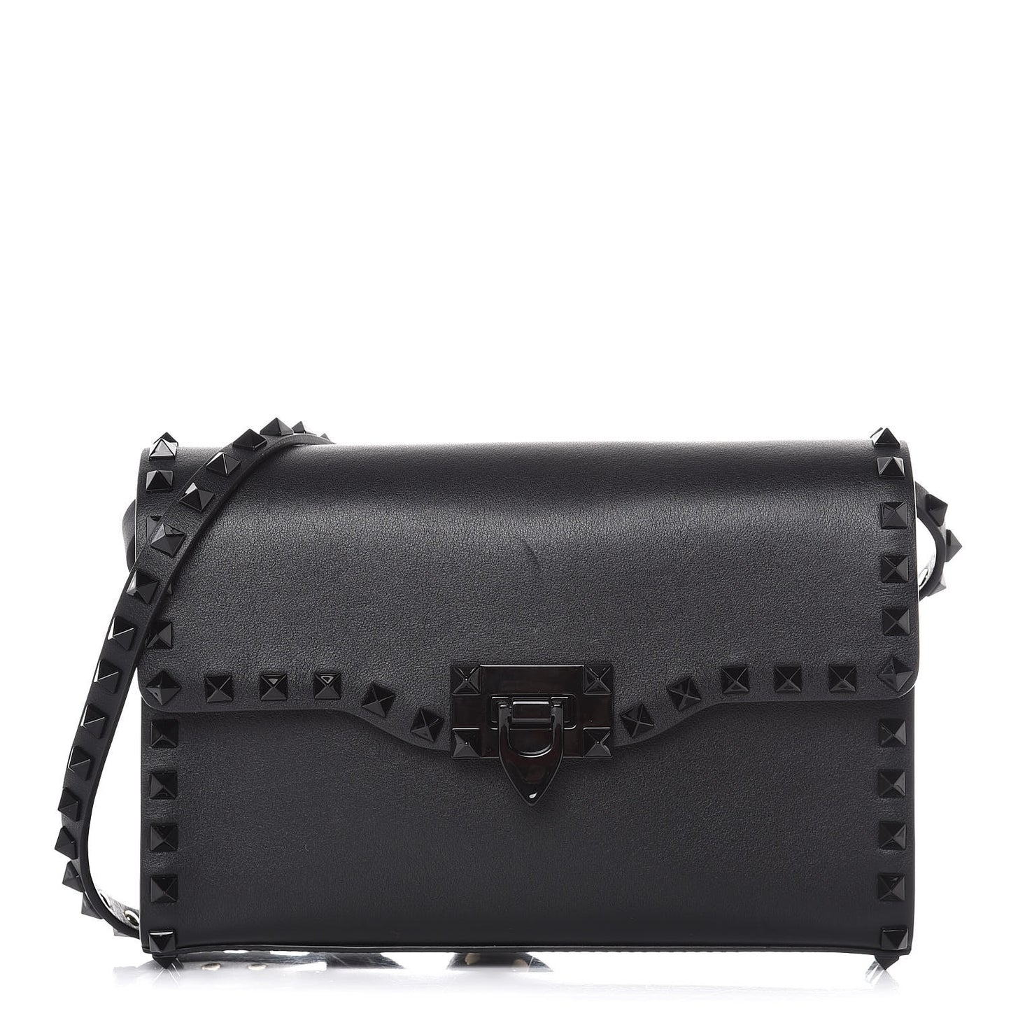 Vitello Monochrome Medium Rockstud Flip Lock Crossbody Bag Black