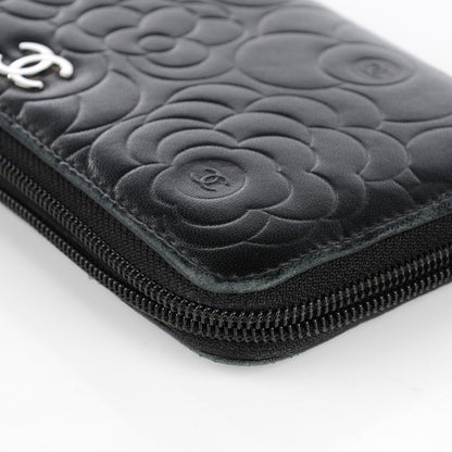 Chanel Lambskin Camellia Embossed Large Zip Around Gusset Wallet Black 10 of 12