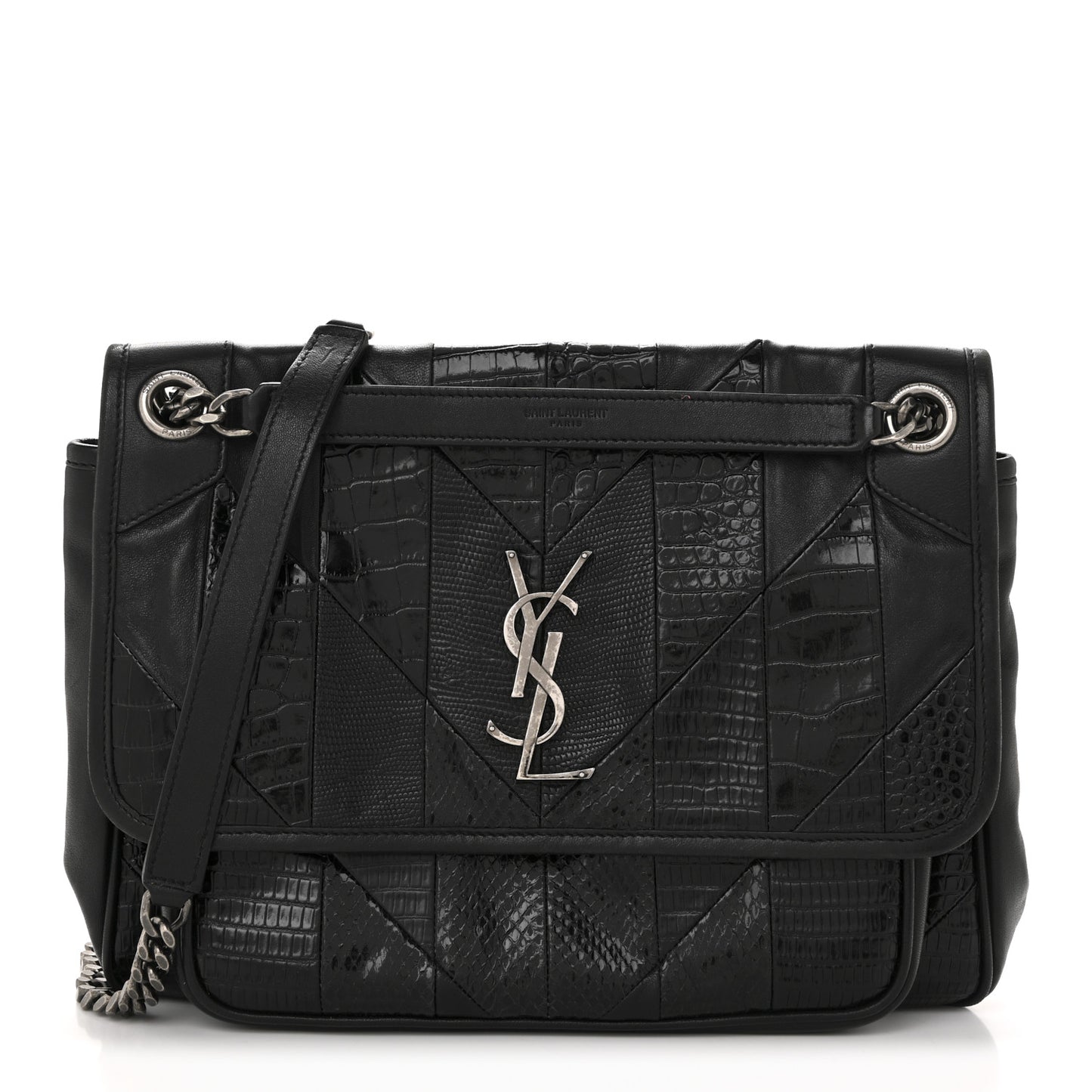Calfskin Ayers Patchwork Monogram Medium Niki Chain Satchel Black