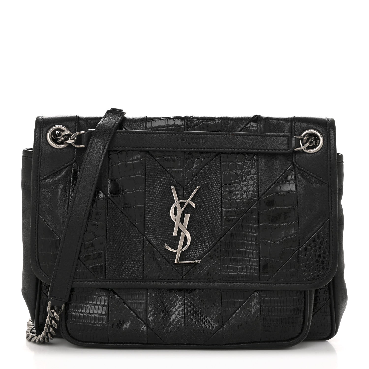 Saint Laurent Calfskin Ayers Patchwork Monogram Medium Niki Chain Satchel Black 1 of 14