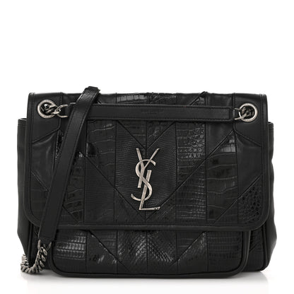 Saint Laurent Calfskin Ayers Patchwork Monogram Medium Niki Chain Satchel Black 1 of 14
