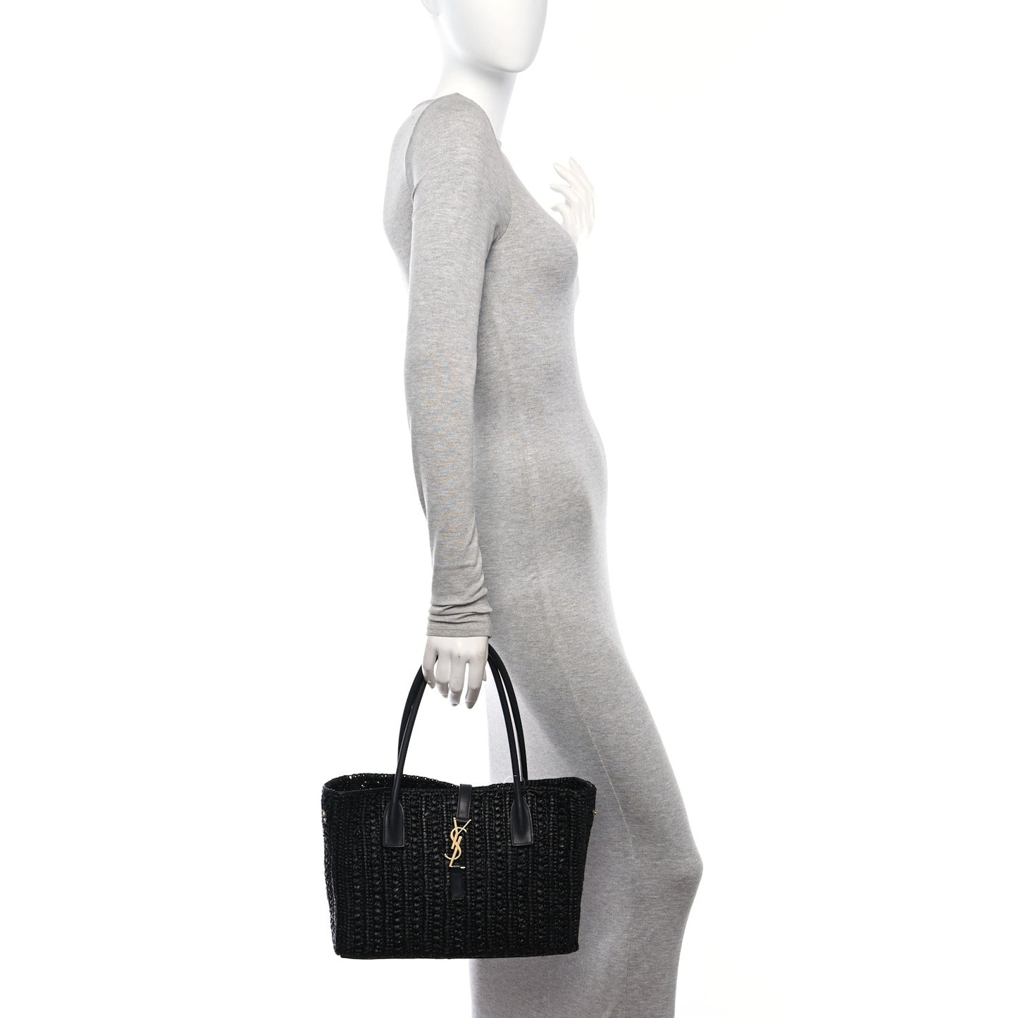 Raffia Calfskin Panier Rectangle Tote Black