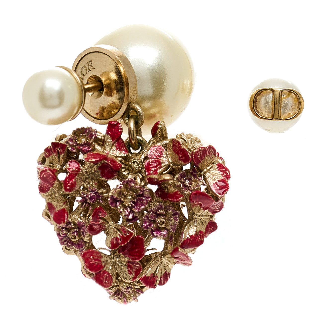 Christian Dior Pearl Crystal Le Coeurs des Papillons Tribal Earrings Gold Red White 1 of 5
