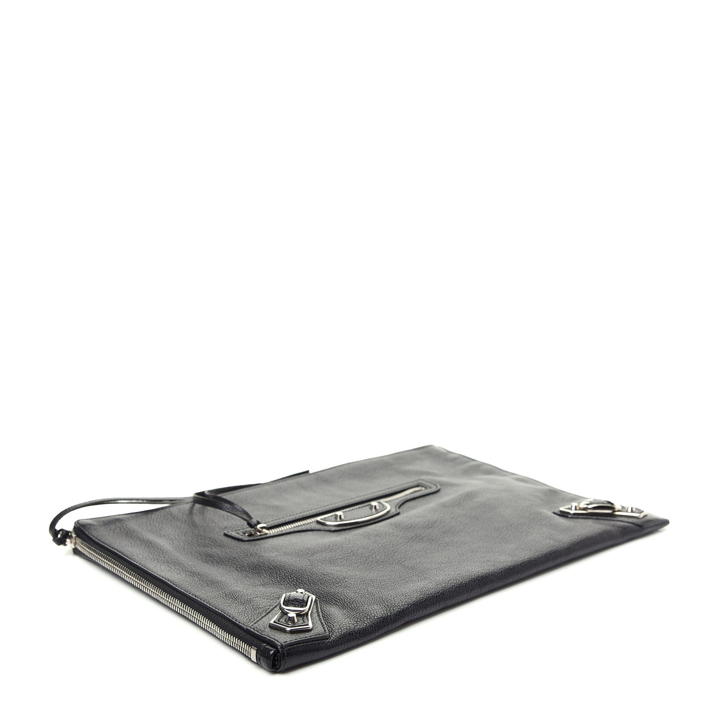 Chevre Silver Metallic Edge Hardware Pouch Black
