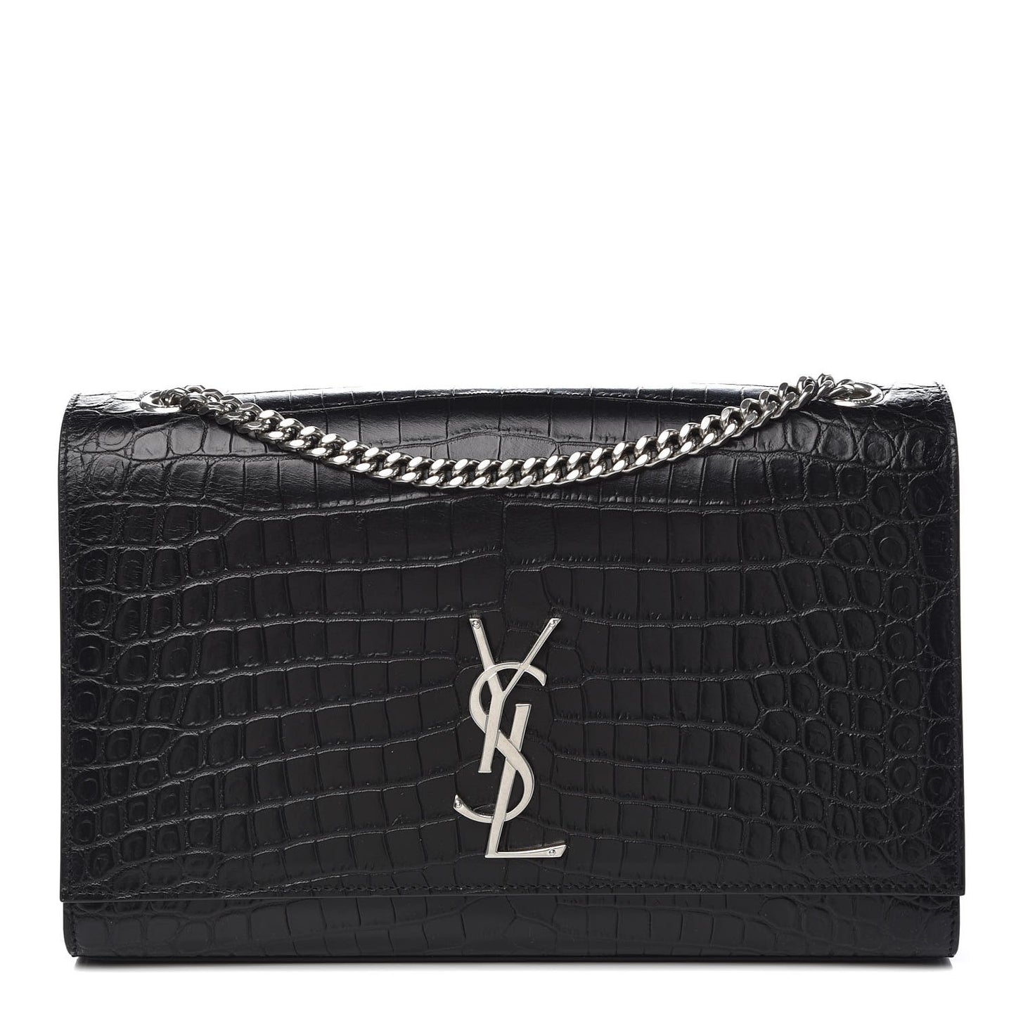 Calfskin Crocodile Embossed Large Classic Monogram Kate Satchel Black