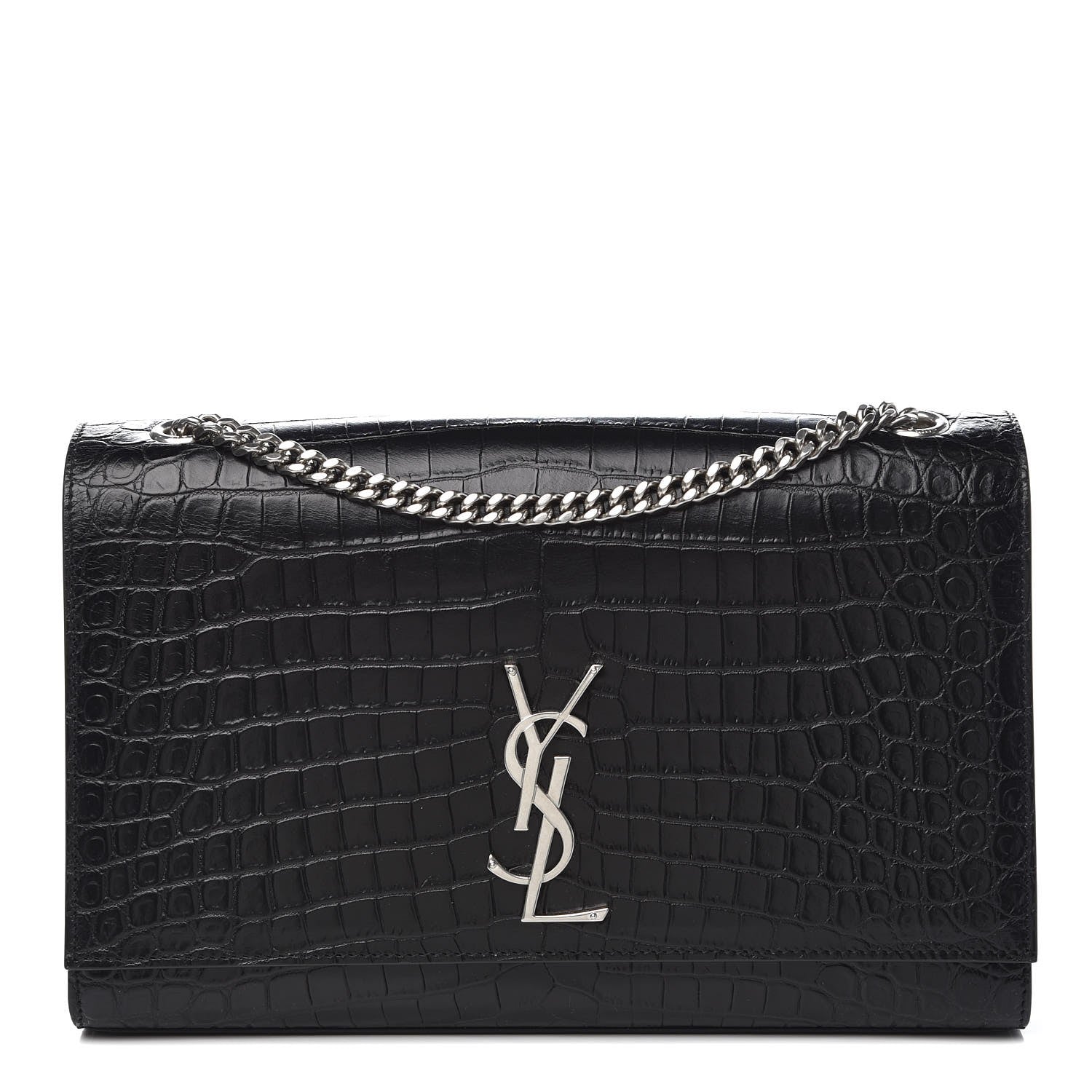 Saint Laurent Calfskin Crocodile Embossed Large Classic Monogram Kate Satchel Black 1 of 7