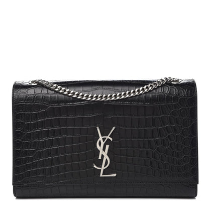Saint Laurent Calfskin Crocodile Embossed Large Classic Monogram Kate Satchel Black 1 of 7